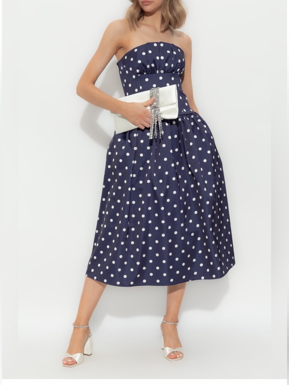 Self-Portrait Navy and White Polka Dot Strapless Midi Dress